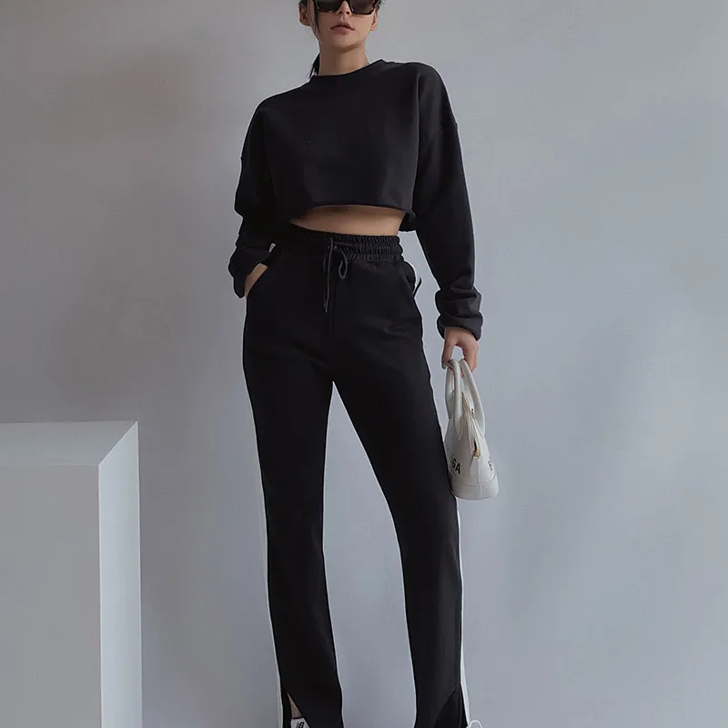 Pants high waist split trousers loose straight leg pants casual pants - Black