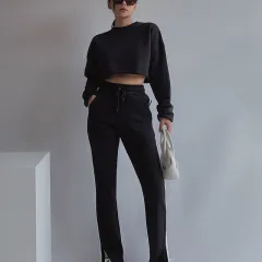 Pants high waist split trousers loose straight leg pants casual pants - Black - View 1
