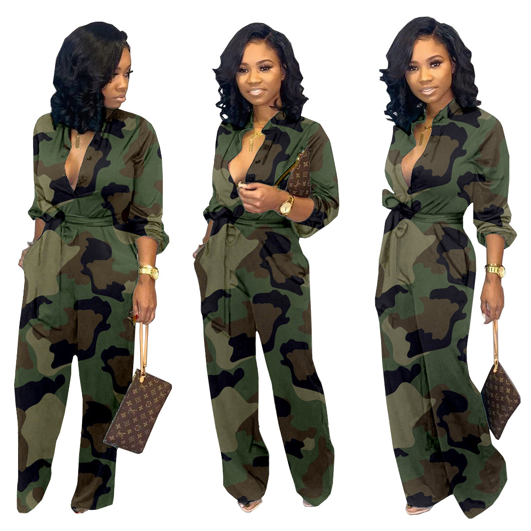 European and American women's wide leg pants camouflage jumpsuit Green - Shop at LoveMi