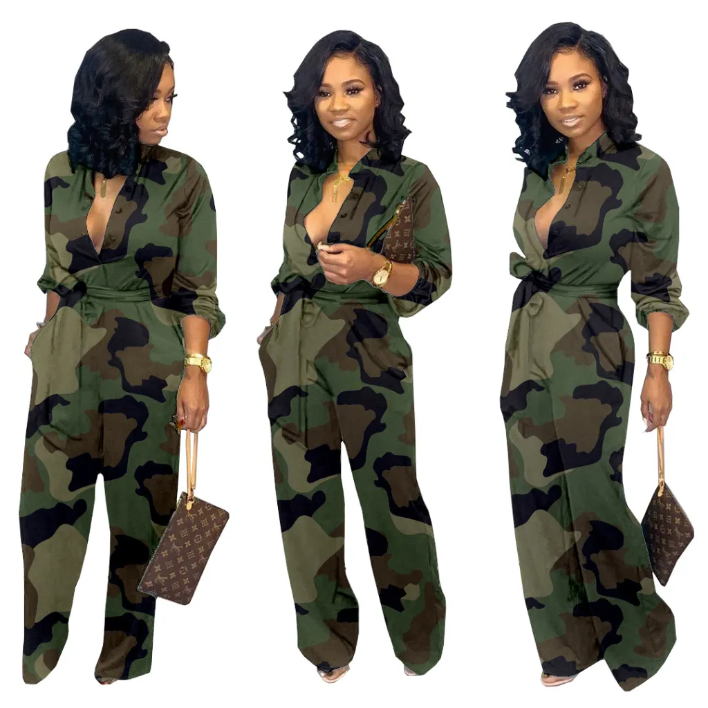European and American women's wide leg pants camouflage jumpsuit - Green
