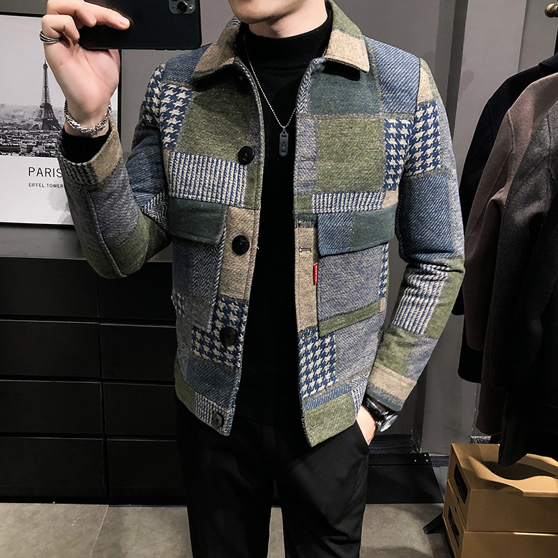 Fashion plaid stitching contrast jacket woolen jacket