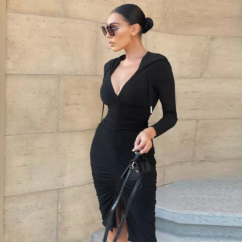 Hooded deep V-neck pleated Long Sleeve Dress