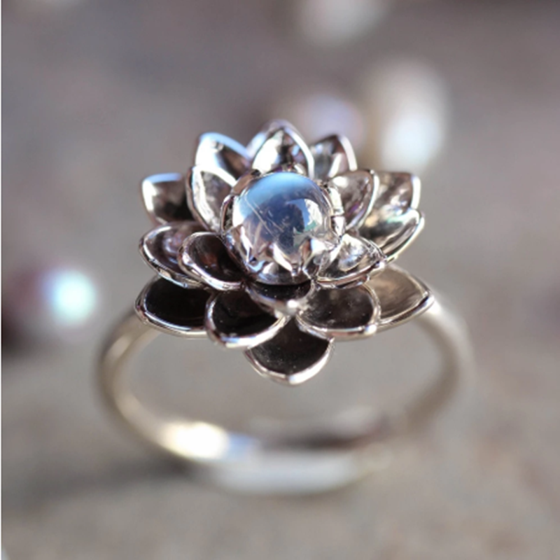 Moonstone White Lotus Ring Crystal Rhinestone