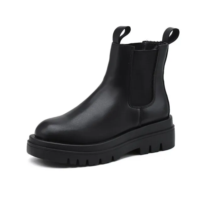 Large size round toe thick heel pu solid color casual leather boots Black - Shop at LoveMi