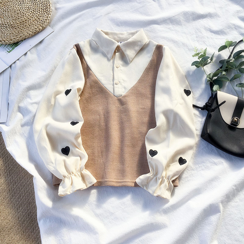 Love embroidery cute girly heart long sleeve shirt