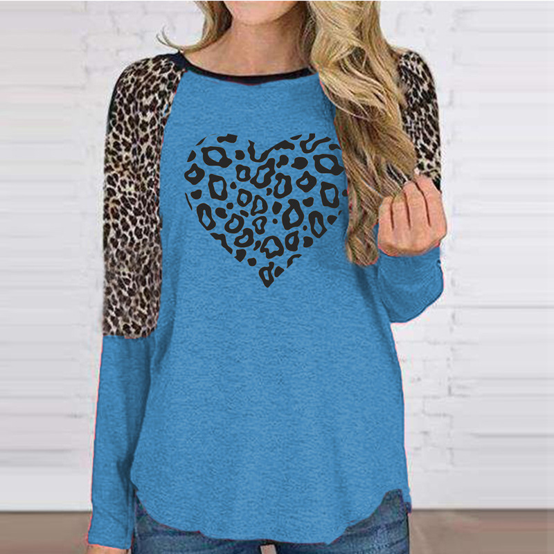 Liebe Druck Frauen T-shirts Mode Leopard Print Splicing Langarm Oansatz Kleidung Vetement Femme Casual Weibliche Tunika Roupas