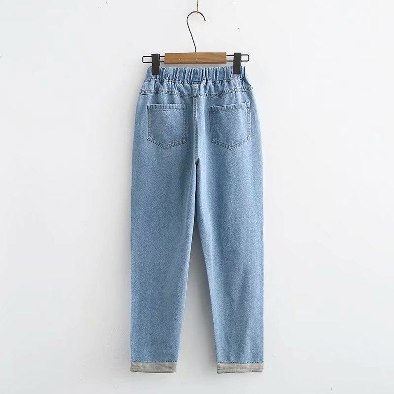 Old elastic waist lace up embroidered star denim pants Light Blue - Shop at LoveMi
