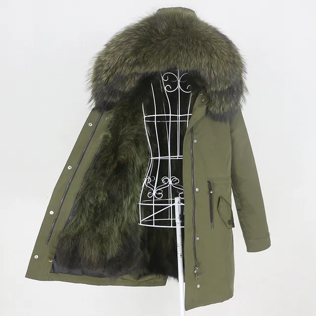 Winter Jacket Women Real Fur Coat Long Parka Natural - Green