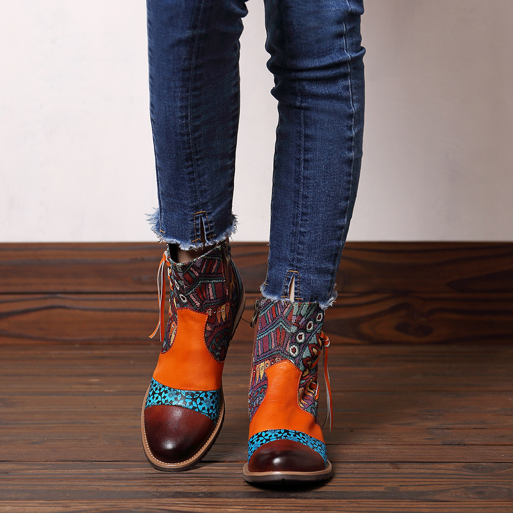 Ladies mid-tube print stitching Martin boots