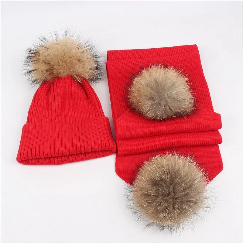 Outdoor warm raccoon fur ball wool hat