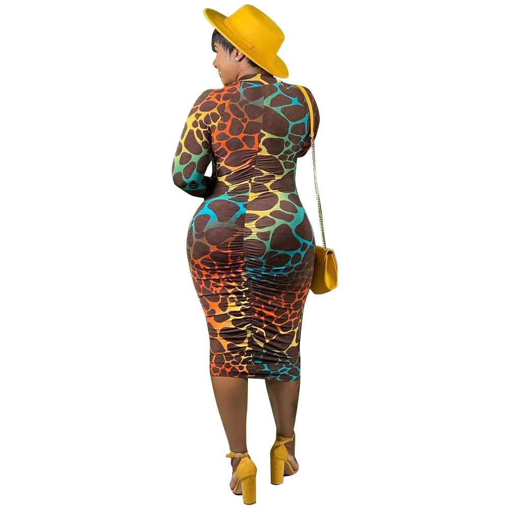 Autumn and winter new style European and American women's printed front zipper dress