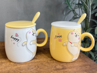 كوب سيراميك بطبعة جرو شيبا إينو كرتوني لطيف مع غطاء