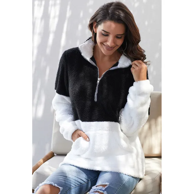 New contrast color thick plush wool pullover Black - Shop at LoveMi