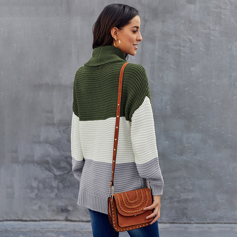 Winter sweater women stitching color high neck long sleeve pullover