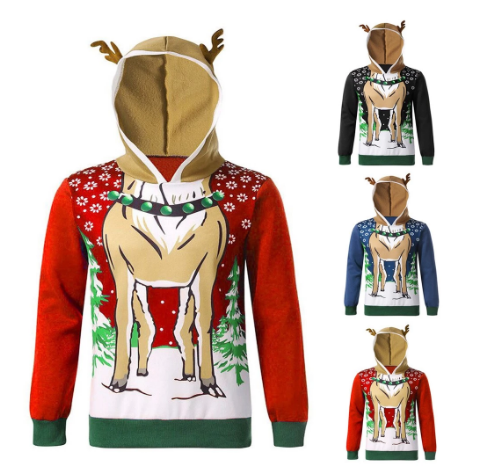 Foreign trade Christmas antlers printing and velvet hooded color matching sweater