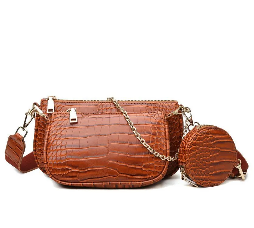 PU Leather Picture-mother Three-piece Crossbody Bag - Brown