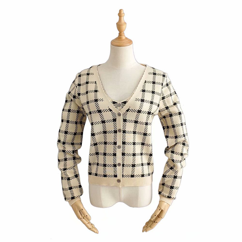 Checked sling knitted cardigan jacket