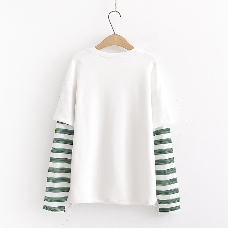 Fake Two-Piece Cartoon Embroidery Stripe Loose Sweatshirt