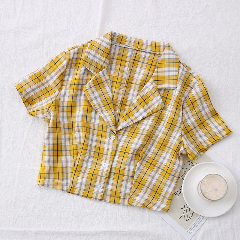 Suit collar Plaid high waist short navel shirt