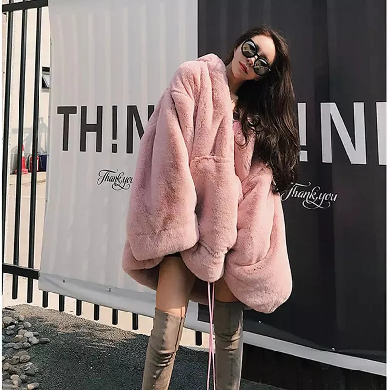 Mid-length loose and thick warm leather sweater - Pink