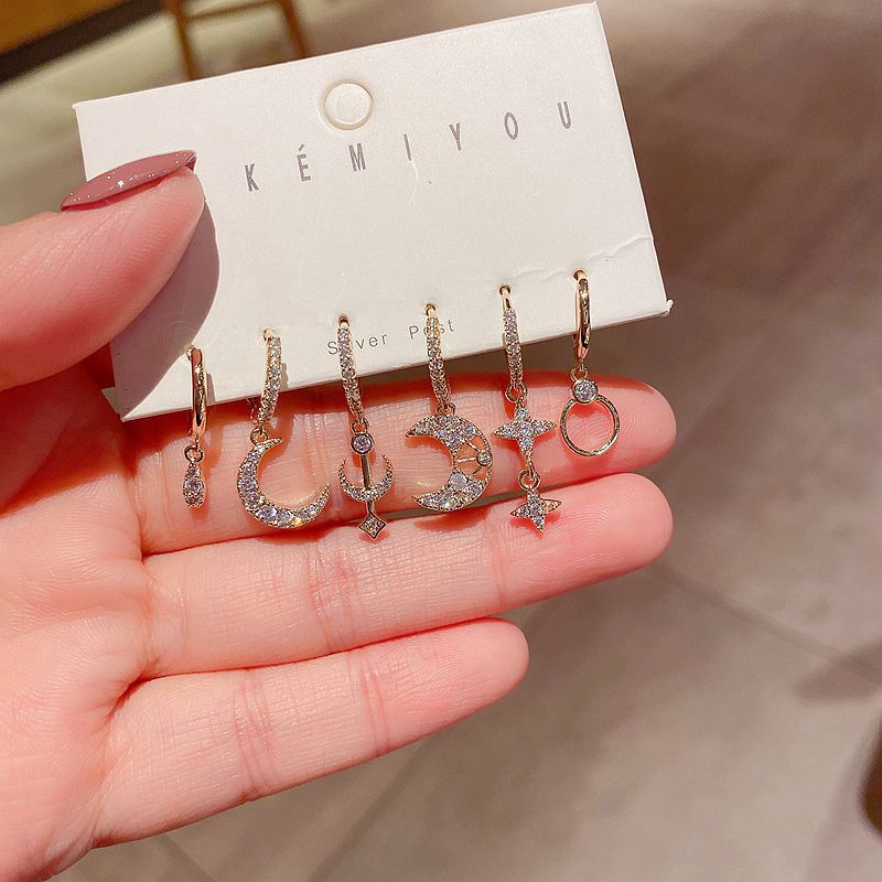 Zircon Micro Inlaid Fantasy Stars and Moon Earrings Set