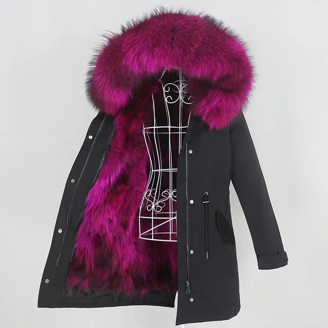 Winter Jacket Women Real Fur Coat Long Parka Natural - Black Rose Red