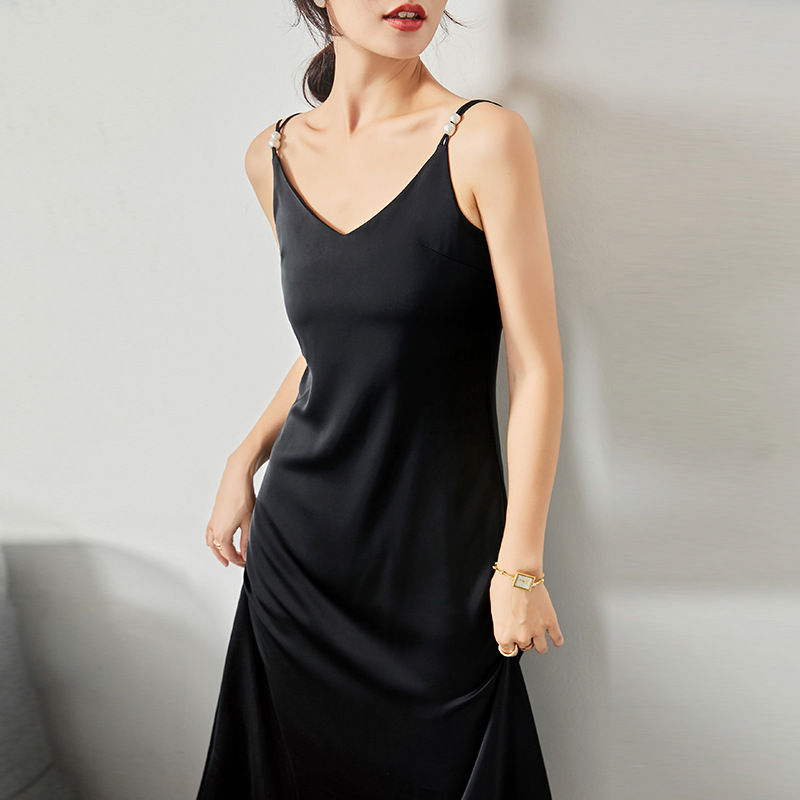 Acetate satin dress V-neck slim high-end temperament silk suspender skirt