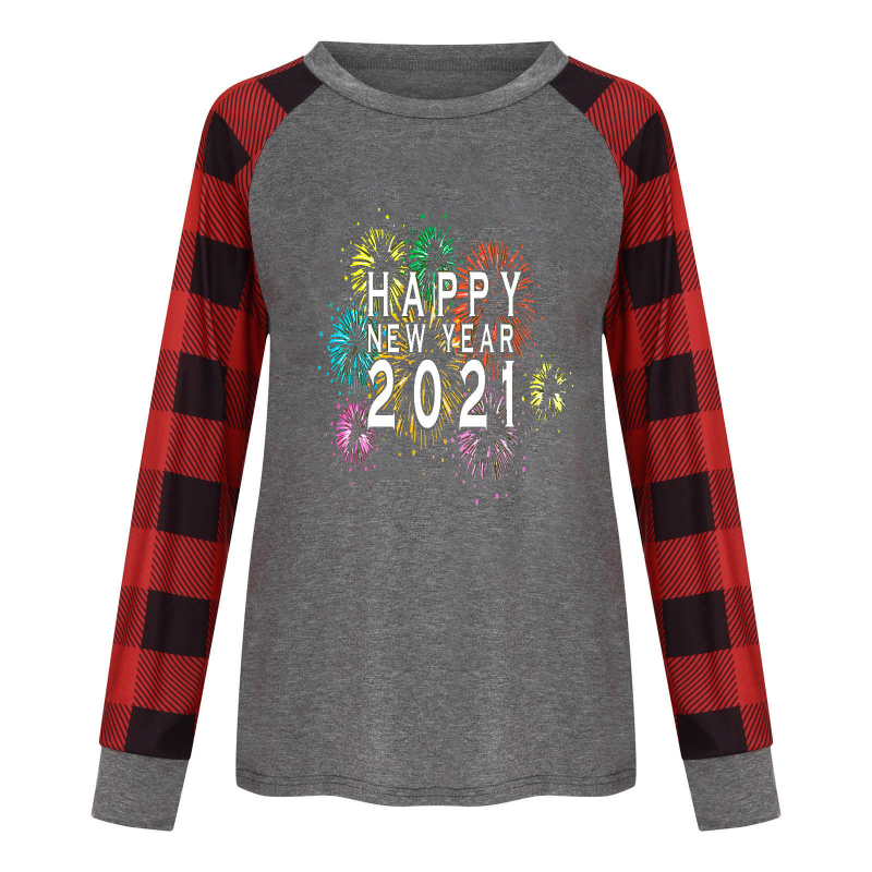 Letter print top plaid round neck T-shirt