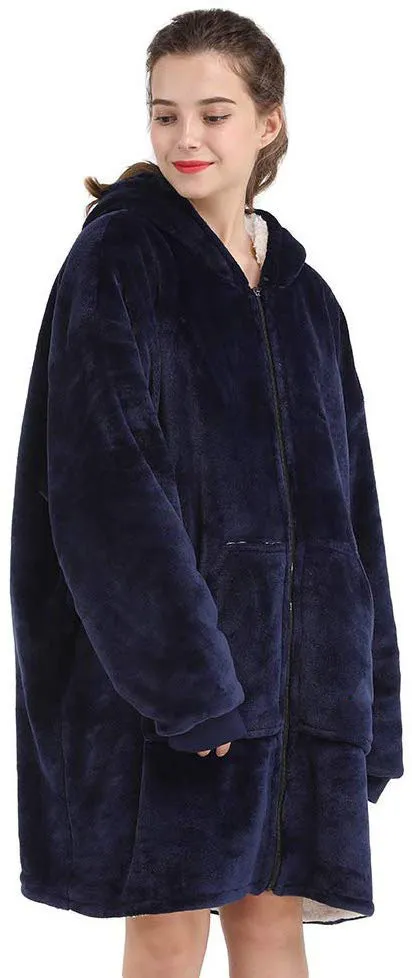 Long sleeve pocket zipper tv TV blanket casual sweater Navy Blue - Shop at LoveMi