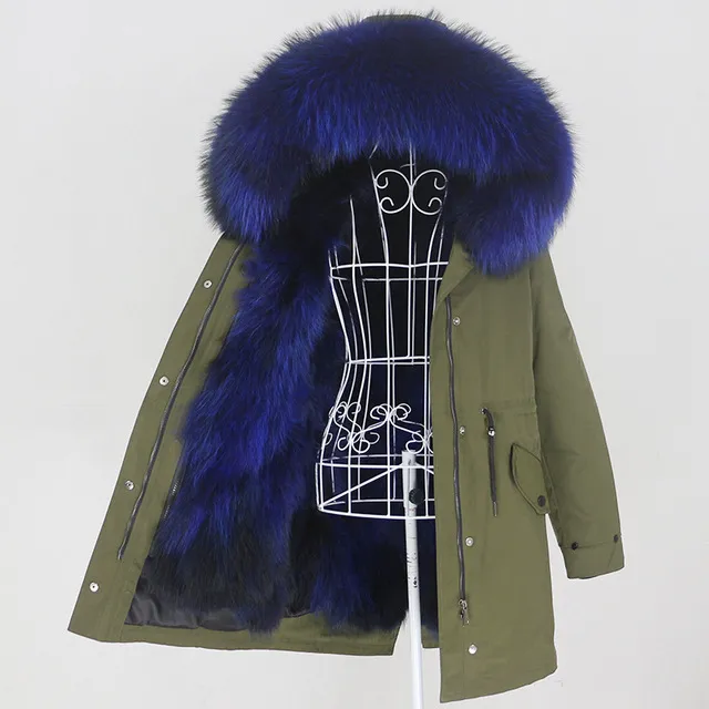 Winter Jacket Women Real Fur Coat Long Parka Natural - Green Blue