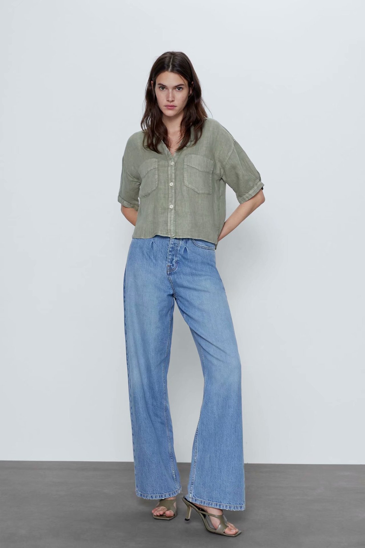 Women's solid color linen short-sleeved shirt