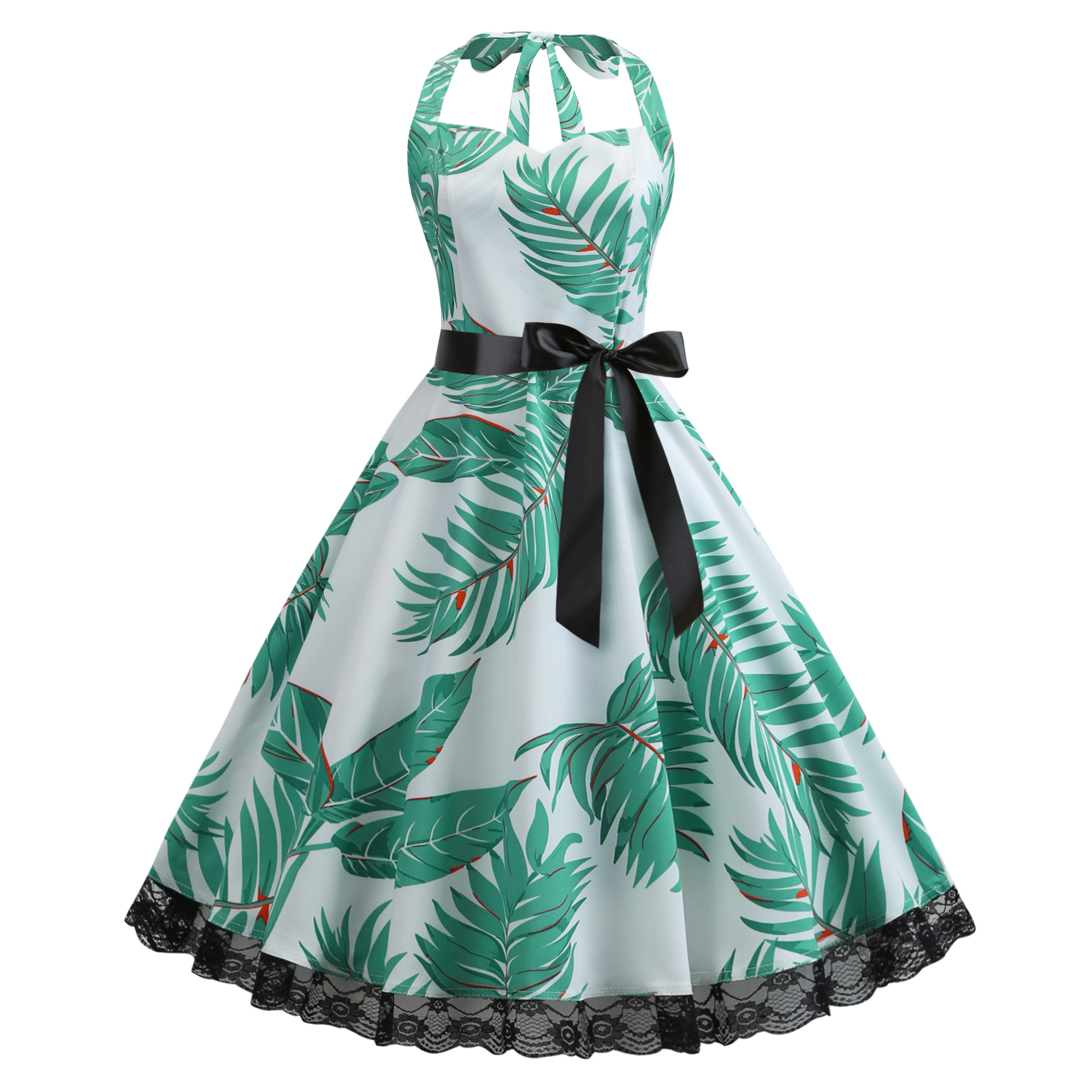 Women's lace up neck swing print retro dress