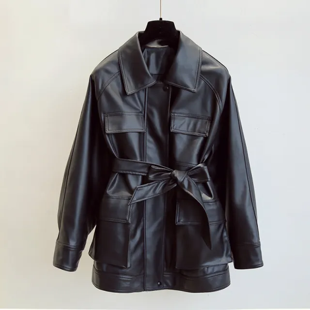 Leather jacket motorcycle clothing leather windbreaker Black - Shop at LoveMi