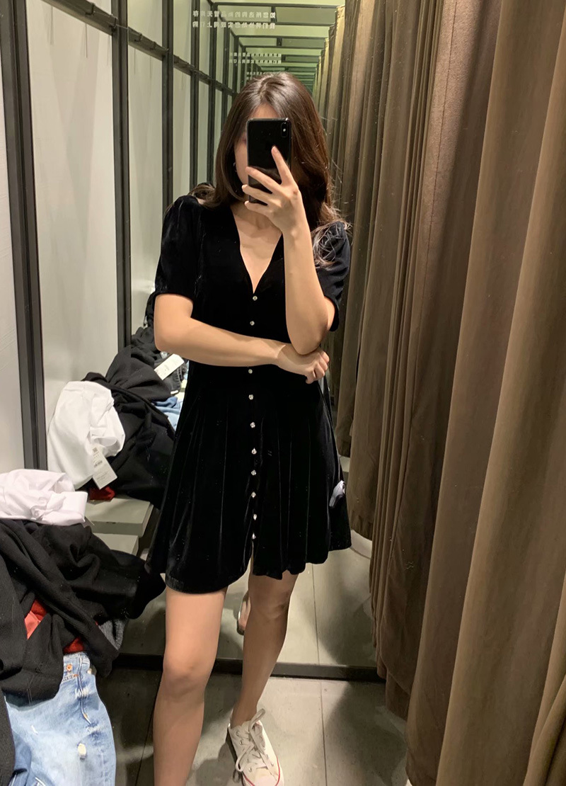 Women's casual black velvet short sleeve dress