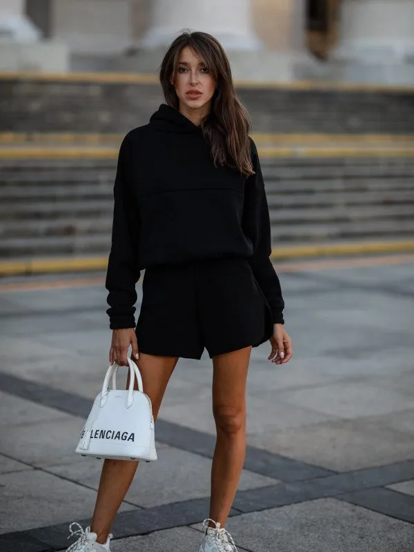 Solid color long sleeve short pants sweater set Black - Shop at LoveMi