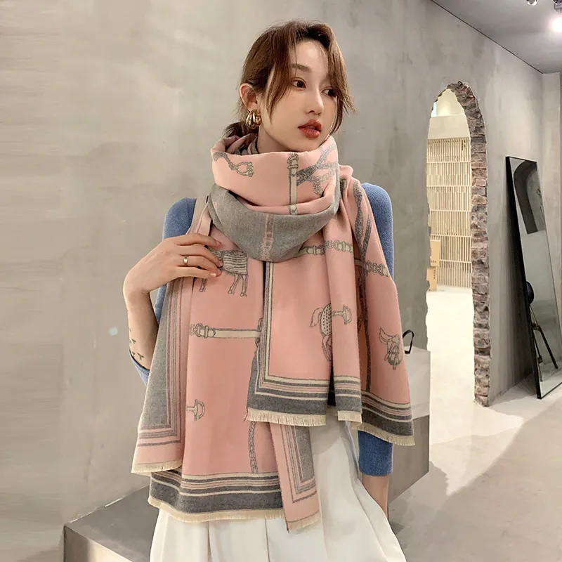 Vintage carriage chain imitation cashmere scarf - Pink