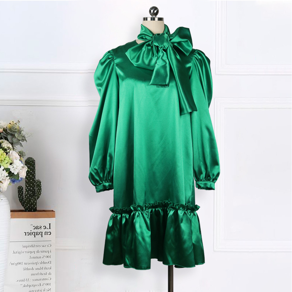 Lace bow knot lantern sleeve loose ruffled dress