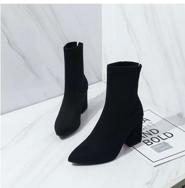 Black suede pointed toe heel high heel ankle boots