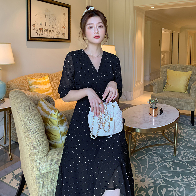 Black chiffon dress women's quarter sleeve waist