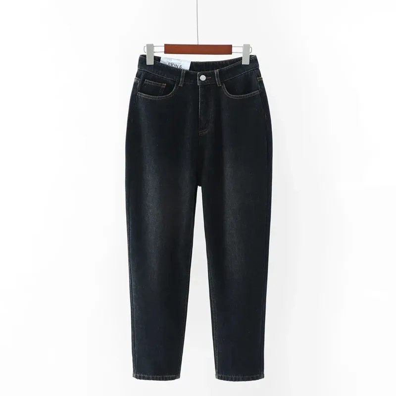 Thin straight leg jeans women trousers old pants - Black