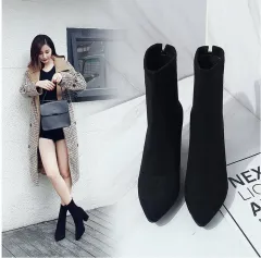 Black suede pointed toe heel high heel ankle boots - Black - View 1