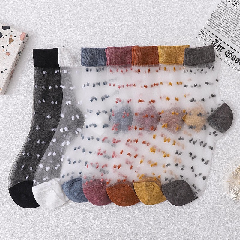 7pairs Glass Fiber Transparent Socks, Women's Short Stockings, Cute Polka Dot Color Blocked Socks