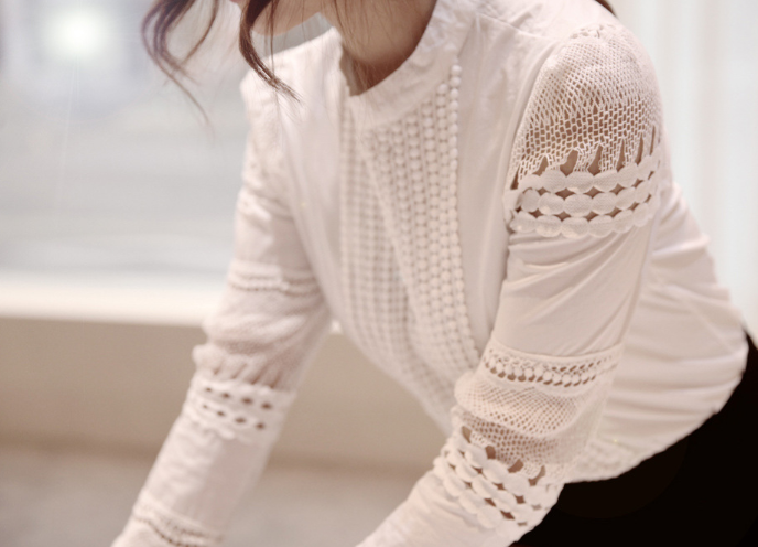 Large size long sleeve white bottoming shirt Slim cotton hook flower hollow lace shirt shirt