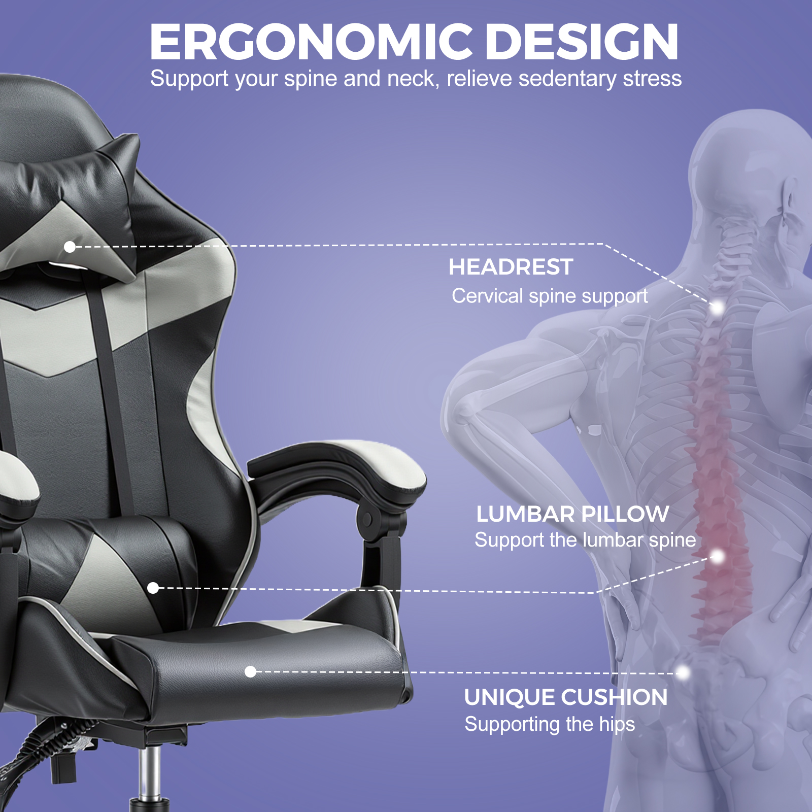 Gaming Reclining Swivel Chair For Adults,Ergonomic Racing PC With Lumbar Support — image 7