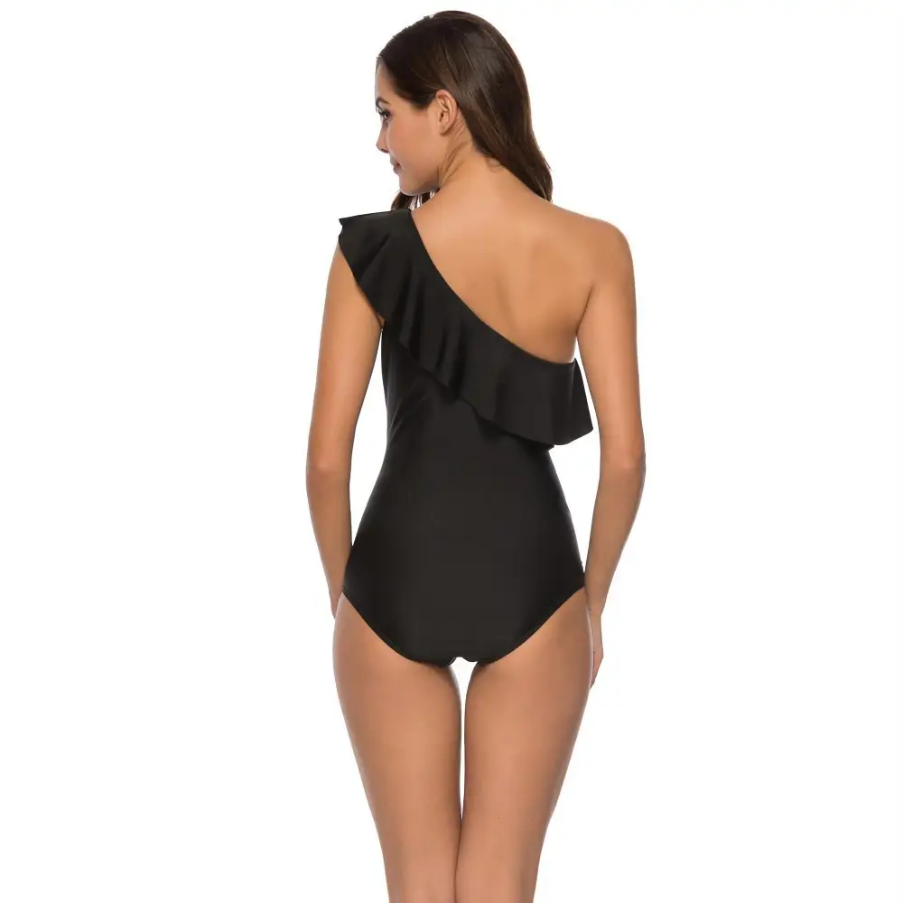 Women's Single Shoulder Lotus Leaf Edge Solid Color Swimsuit