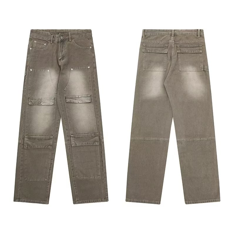Men's Fashion Casual Vintage Do-over Multi-pocket Washed Jeans - Image 2