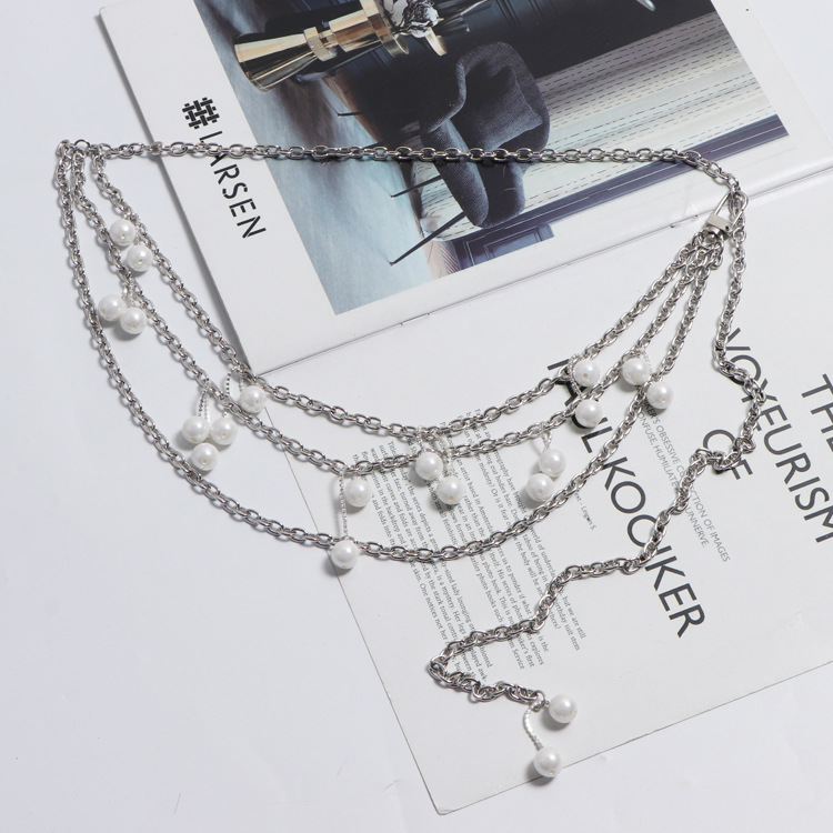 Niche Cool Pearl Flash Diamond Multi-level Splicing Metal Chain Thin Waist Chain