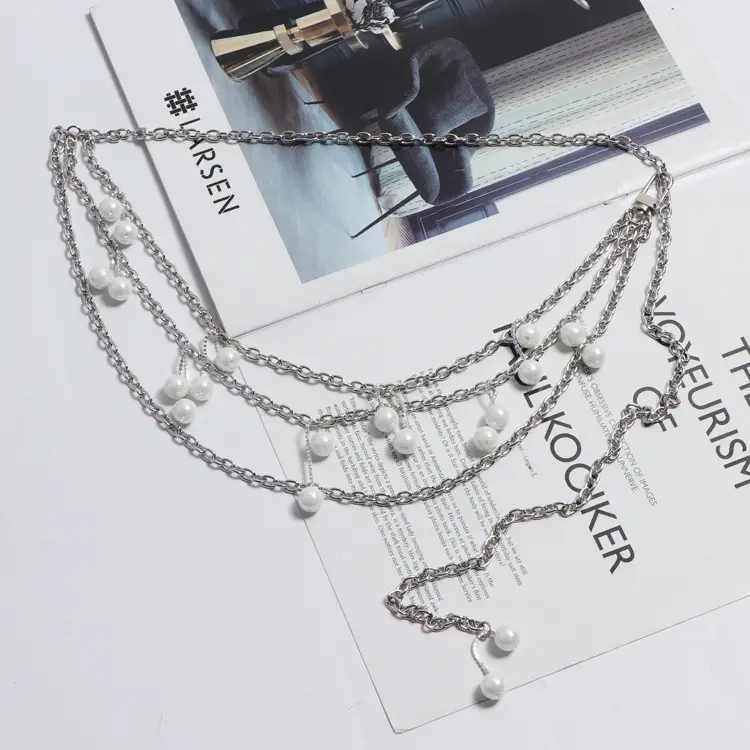 Niche Cool Pearl Flash Diamond Multi-level Splicing Metal Chain Thin Waist Chain