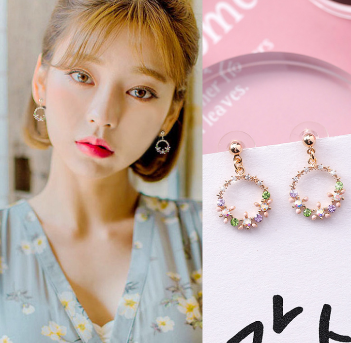925 silver needle temperament color diamond wreath earrings girl heart circle flower zircon earrings earrings