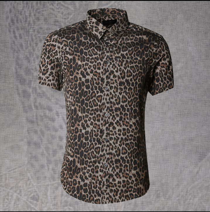 Leopard print men's casual shirt type men's slim short-sleeved shirt tide men's half sleeve flower shirt